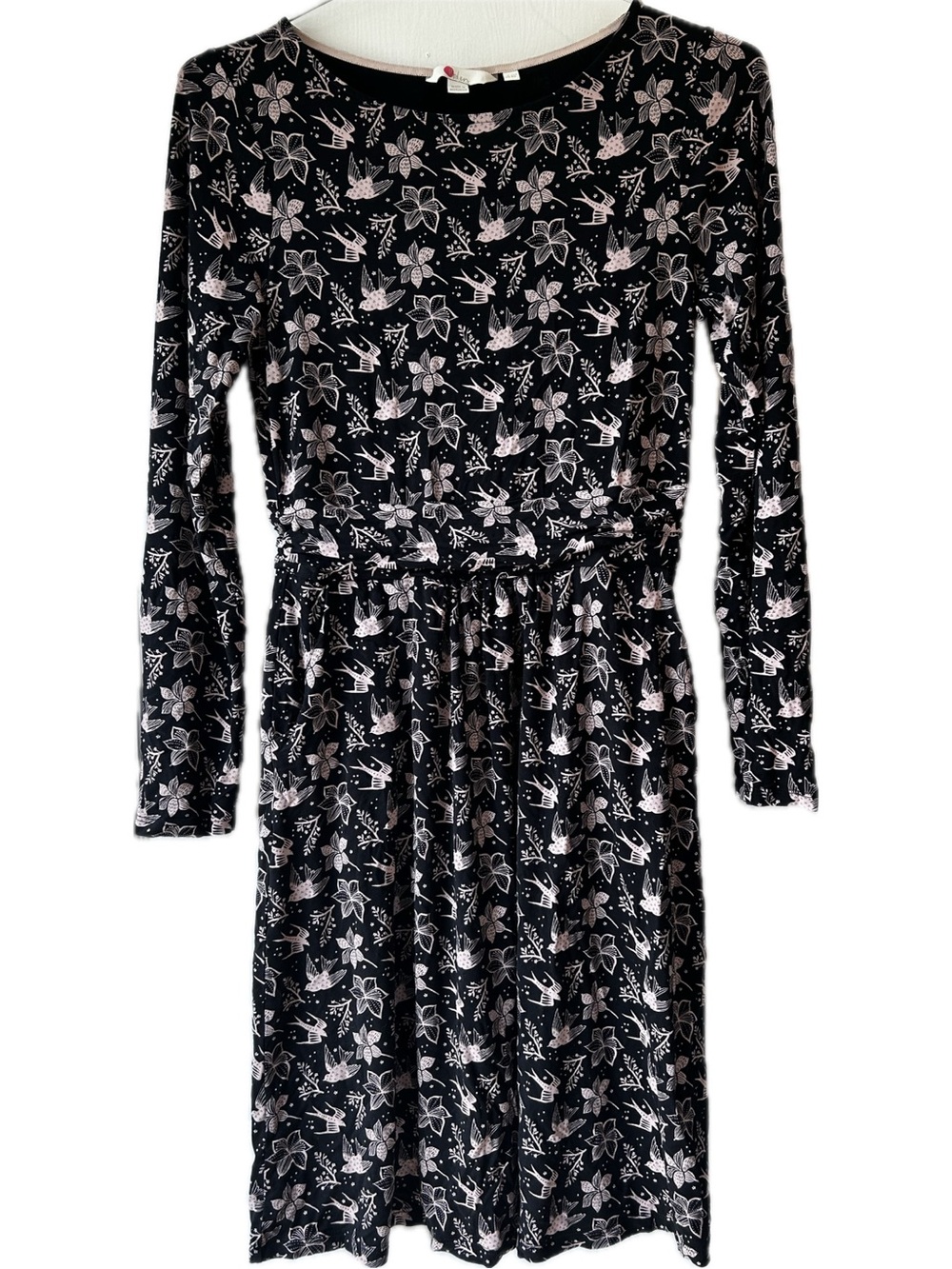 Boden Abigail Bird Print Black Floral Long-Sleeve Jersey Dress Size 8